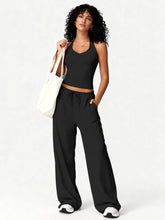 Load image into Gallery viewer, Women 2 Piece Yoga Outfit Ribbed Halter Crop Tank Top Drawstring Wide Leg Pants Set Casual Workout Gym Loungewear Tracksuit
