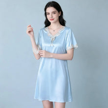 Load image into Gallery viewer, Elegant Women Satin Night Dress Lace V‑Neck Bow Knot Short Sleeve Sexy Sleepwear Ladies Home Loungewear Nightgown Sexy Lingiere
