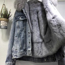 Load image into Gallery viewer, Winter Warm Coats Big Fur Collar Denim Jacket Women Basic Coat Female Cold Motorcycle Outerwear Fleece Thick Padded Overcoat
