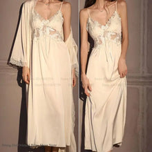 Load image into Gallery viewer, Elegant Female Long Robe Set Nightgown Silky Ice Silk Sleepwear Homewear SEXY Hollow Out Lace Nightdress Lingerie Loungewear

