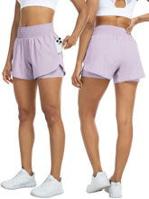 Load image into Gallery viewer, Women's high-waisted athletic shorts for running, yoga, layered design, anti-exposure, fitness, and workout with pockets
