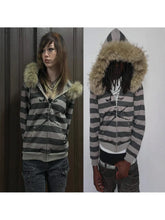 Load image into Gallery viewer, Hoodie with leather collar suitable both men and women striped printed long sleeved loose hooded sports hoodie punk Y2K daily
