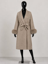 Load image into Gallery viewer, Women's Wool Coat with Fur Cuffs Minimalist Soft Wool High Fashion Belted Winter Fur Trim Coat Old Money Style Natural Fur Coat
