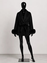 Load image into Gallery viewer, Women's Wool Coat with Fur Cuffs Minimalist Soft Wool High Fashion Belted Winter Fur Trim Coat Old Money Style Natural Fur Coat
