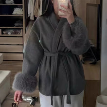 Load image into Gallery viewer, Elegant Women's Lace Up Woolen Coats Solid Full Sleeve Turn-down Collar Loose Lady Coats 2025 Autumn Winter Female Streetwear
