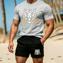 Load image into Gallery viewer, Men Summer Tiger Stripe 2 Piece Tracksuit Breathable Quick Dry Short Sleeve T Shirt Shorts Set Gym Running Sportswear
