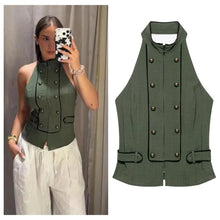 Load image into Gallery viewer, Women's Top 2026 Summer Elegant Fashion Silky Vacation Halter Neck Backless Sexy Unique Army Green Beach Style Party Women's Top
