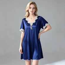 Load image into Gallery viewer, Elegant Women Satin Night Dress Lace V‑Neck Bow Knot Short Sleeve Sexy Sleepwear Ladies Home Loungewear Nightgown Sexy Lingiere
