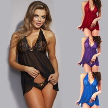 Load image into Gallery viewer, Summer Nightdress Open Back Sleeping Dress for Women Sexy Lingerie Halter Chemise Lace Babydoll Mesh Nightwear V Neck Teddy
