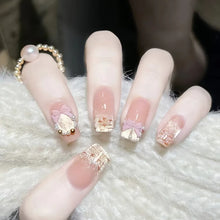 Load image into Gallery viewer, Medium fake nails for women Gradient nude brown blue flowers or rhinestones fall winter almond tips press on false nail art set
