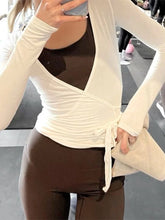 Load image into Gallery viewer, Women's Yoga Shirts Wrap Ruched Tie Front Long Sleeve Workout T Shirts Sexy Deep V Neck Slim Fit Casual Cropped Top

