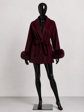 Load image into Gallery viewer, Women's Wool Coat with Fur Cuffs Minimalist Soft Wool High Fashion Belted Winter Fur Trim Coat Old Money Style Natural Fur Coat
