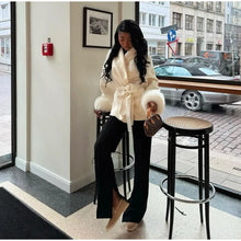 Load image into Gallery viewer, Elegant Women's Lace Up Woolen Coats Solid Full Sleeve Turn-down Collar Loose Lady Coats 2025 Autumn Winter Female Streetwear
