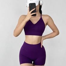 Load image into Gallery viewer, Women's Yoga Set Strappy Sports Bra &amp; High Waisted Shorts | Quick Dry Padded Butt Lifting Workout Outfit for Running Traini
