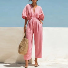 Load image into Gallery viewer, Summer Elegant Jumpsuit V Neck Lace Up High Waist Half Sleeve Long Pants Jumpsuits For Women Casual Loose Romper Playsuits
