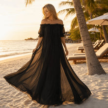 Load image into Gallery viewer, Home Dress Off Shoulder Sheer Nightgown V-neck Ruffle Mesh Nightdress Transparent Short Sleeve Long Sleeping Dress Sleep

