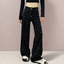 Load image into Gallery viewer, New Female Black Jeans Are Cool Studded With Diamonds. Casual Denim Trousers High-waisted, Straight-leg Wide-leg Pants Women's
