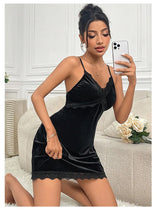 Load image into Gallery viewer, Women's Velvet Nightdress Sexy Deep V Nightgown Female Lace Patchwork Suspender Skirt Backless Adjustable shoulder strap Dress
