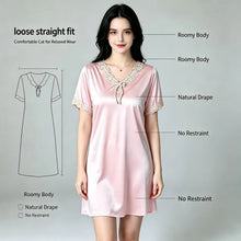 Load image into Gallery viewer, Elegant Women Satin Night Dress Lace V‑Neck Bow Knot Short Sleeve Sexy Sleepwear Ladies Home Loungewear Nightgown Sexy Lingiere
