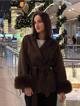 Load image into Gallery viewer, Women's Wool Coat with Fur Cuffs Minimalist Soft Wool High Fashion Belted Winter Fur Trim Coat Old Money Style Natural Fur Coat
