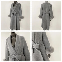 Load image into Gallery viewer, Women's Wool Coat with Fur Cuffs Minimalist Soft Wool High Fashion Belted Winter Fur Trim Coat Old Money Style Natural Fur Coat
