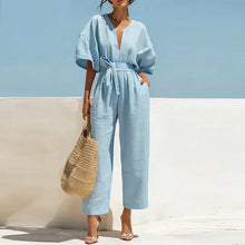 Load image into Gallery viewer, Summer Elegant Jumpsuit V Neck Lace Up High Waist Half Sleeve Long Pants Jumpsuits For Women Casual Loose Romper Playsuits
