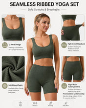 Load image into Gallery viewer, Seamless Ribbed Yoga Set 2 Piece Workout Outfit, Crop Tank Top &amp; High Waist Biker Shorts Gym Suit for Fitness, Running, Pilates
