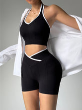 Load image into Gallery viewer, Gym Exercise Set For Women 2pcs Set Yoga Suit Black And White Patchwork Fashionable Halter Top High-Waisted Breathable Shorts
