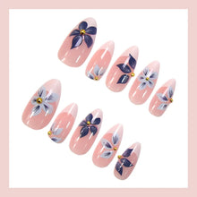 Load image into Gallery viewer, Medium fake nails for women Gradient nude brown blue flowers or rhinestones fall winter almond tips press on false nail art set
