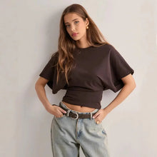 Load image into Gallery viewer, Women's T-shirts Crew Neck Ruched Waist Slim Fit Solid Color Casual Cropped Tee Summer Streetwear Basic Daily Wear Top
