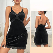 Load image into Gallery viewer, Women's Velvet Nightdress Sexy Deep V Nightgown Female Lace Patchwork Suspender Skirt Backless Adjustable shoulder strap Dress
