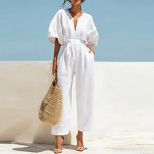 Load image into Gallery viewer, Summer Elegant Jumpsuit V Neck Lace Up High Waist Half Sleeve Long Pants Jumpsuits For Women Casual Loose Romper Playsuits
