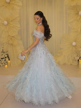 Load image into Gallery viewer, Elegant Women's Formal Evening Dresses 2026 Blue Off Shoulder Rhinestone Beaded Corset Bodice Tiered Tulle Party Dresses
