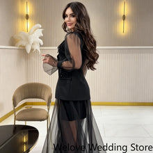 Load image into Gallery viewer, Black Evening Dress For Women V‑Neck Tulle Puff Long Sleeve Shoulder Beaded Embellishment Short Inner Dress Flowy Long Sheer
