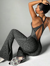 Load image into Gallery viewer, ZHEJIN Leopard Jumpsuit Women Flare Leg Yoga Romper Backless Criss Cross Workout Bodysuit Scrunch Butt Lift Gym Fitness Wear
