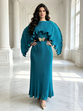 Load image into Gallery viewer, Elegant Pleated Long Dress with Butterfly Belt Women Cape Sleeve Wave Edge Ruffle Evening Party Dress
