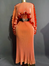 Load image into Gallery viewer, Elegant Pleated Long Dress with Butterfly Belt Women Cape Sleeve Wave Edge Ruffle Evening Party Dress
