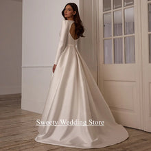 Load image into Gallery viewer, Modern Arabian Wedding Dress for Woman Customized Boat Neck Long Sleeves Sweep Train Open Back A Line Bride Bridal Gown
