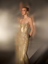 Load image into Gallery viewer, Golden Beaded Evening Dress With Cape Sleeve Glamorous Strapless Long Wedding Party Gown Customized Elegant Red Carpet Gowns
