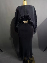 Load image into Gallery viewer, Elegant Pleated Long Dress with Butterfly Belt Women Cape Sleeve Wave Edge Ruffle Evening Party Dress
