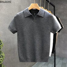 Load image into Gallery viewer, 2026 Men's Summer Polo Shirt Korean Style Slim Wrinkle Resistant Collar Solid Color T-Shirts Casual Thin Sleeve Trendy Knit Tops
