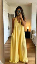 Load image into Gallery viewer, Women's White Halter Jumpsuit Deep V Neck Sleeveless Wide Leg Cuffed Hem Pocketed Boho Resort Casual Summer Y2K Chic Jumpsuit

