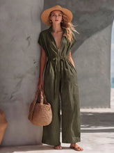 Load image into Gallery viewer, Utility Workwear Style Jumpsuit for Women Zipper Front Short Sleeve Drawstring Waist Wide Leg Casual Outfit
