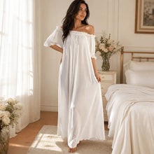Load image into Gallery viewer, Home Dress Off Shoulder Sheer Nightgown V-neck Ruffle Mesh Nightdress Transparent Short Sleeve Long Sleeping Dress Sleep
