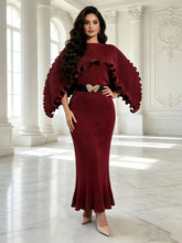 Load image into Gallery viewer, Elegant Pleated Long Dress with Butterfly Belt Women Cape Sleeve Wave Edge Ruffle Evening Party Dress
