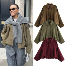 Load image into Gallery viewer, Women Bomber Jackets Suede Texture Coats Fashion Turn-down Collar Long Sleeve Loose Vintage Female Outerwear Chic Top Streetwear
