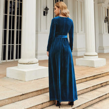 Load image into Gallery viewer, Women's Elegant A-Line Velvet Dress for Wedding Guest Prom Party Wedding Party, Long Sleeve Round Neck Belted Full Skirt
