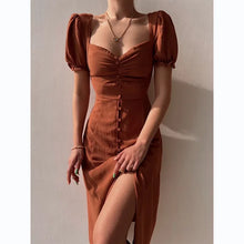 Load image into Gallery viewer, Elegant Dresses Women Summer Sexy Dress 2024 New V-Neck Single Breasted Short Puff Sleeves Solid High Waist Hem Split Midi Dress
