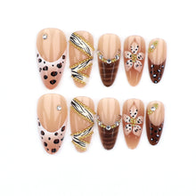 Load image into Gallery viewer, Medium fake nails for women Gradient nude brown blue flowers or rhinestones fall winter almond tips press on false nail art set
