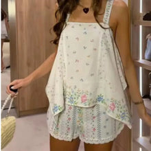 Load image into Gallery viewer, Women's Printed Shorts Set Summer Asymmetric Hem Wide Straps Loose Top Elastic Waist Lace Trim Shorts Fashion Casual 2 Piece Set
